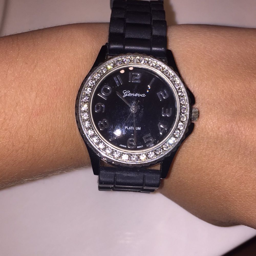 Black jeweled watch with rubber band